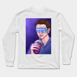 Man blindfolded drinking coronavirus smoothie Long Sleeve T-Shirt